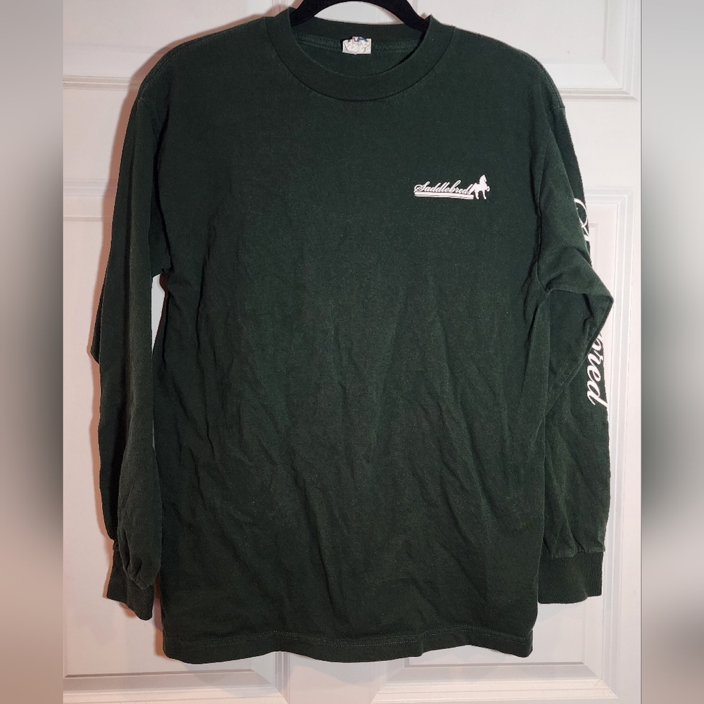 Alstyle Green White Saddlebred Long Sleeve Riding Top 19" P2P 26.5" Length